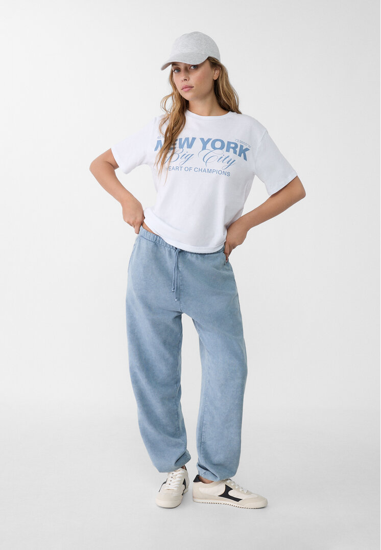 Stradivarius Pantaloni Jogger Boyfriend Acid Wash Azuriu M