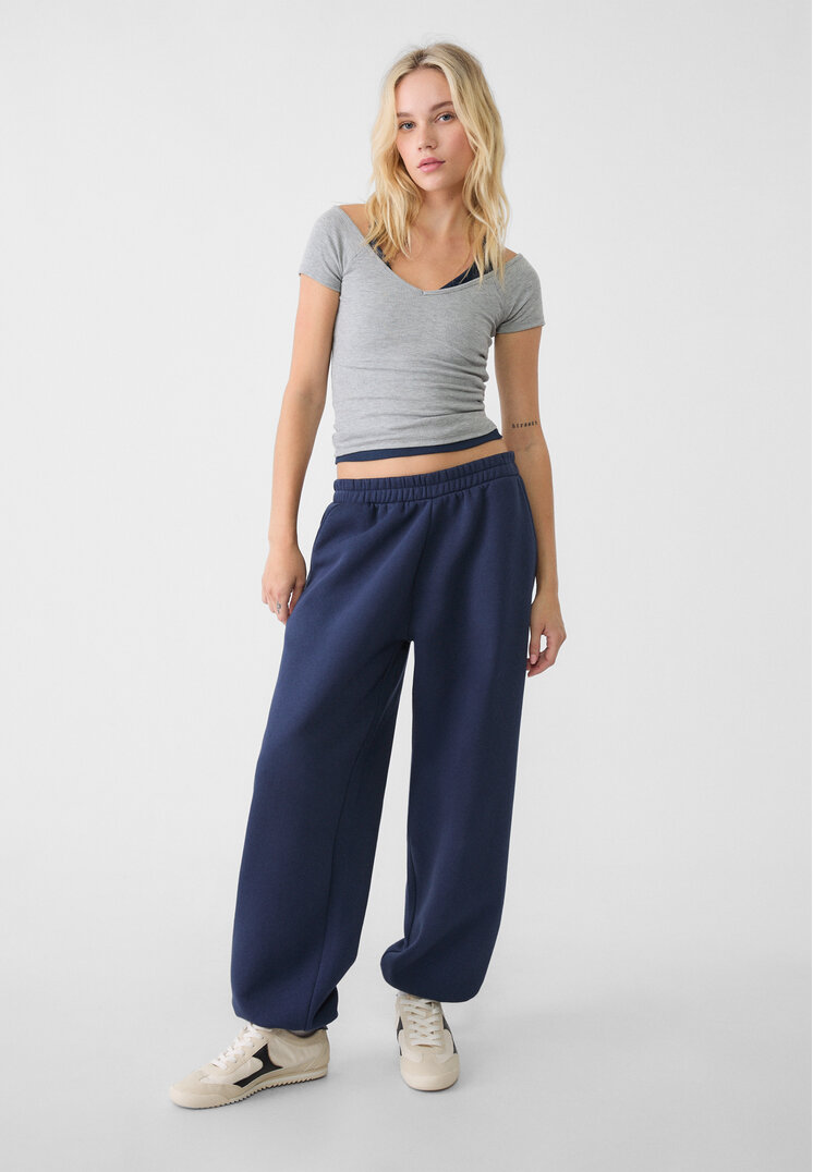 Stradivarius Pantaloni Joggers Din Pluș Boyfriend Bleumarin Xs