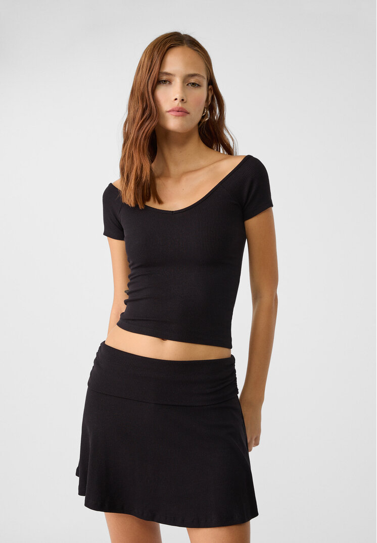 Stradivarius Fustă-Pantalon Cu Betelie Întoarsă Din Reiat Negru L