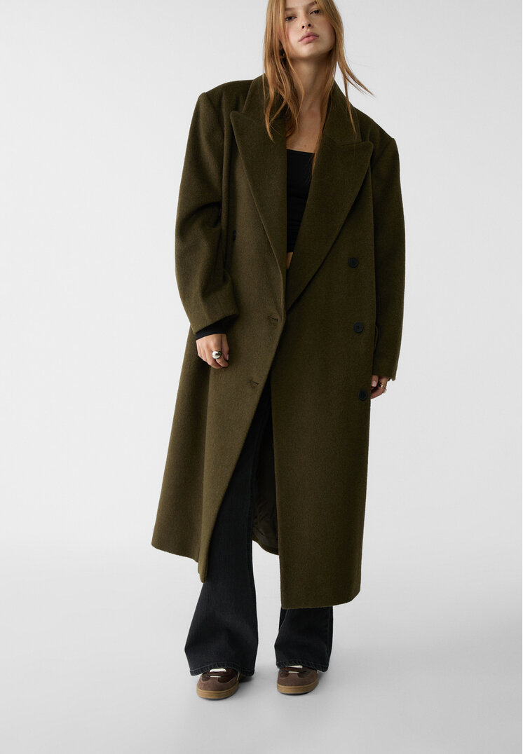 Stradivarius Palton Oversize Cu Nasturi Kaki M
