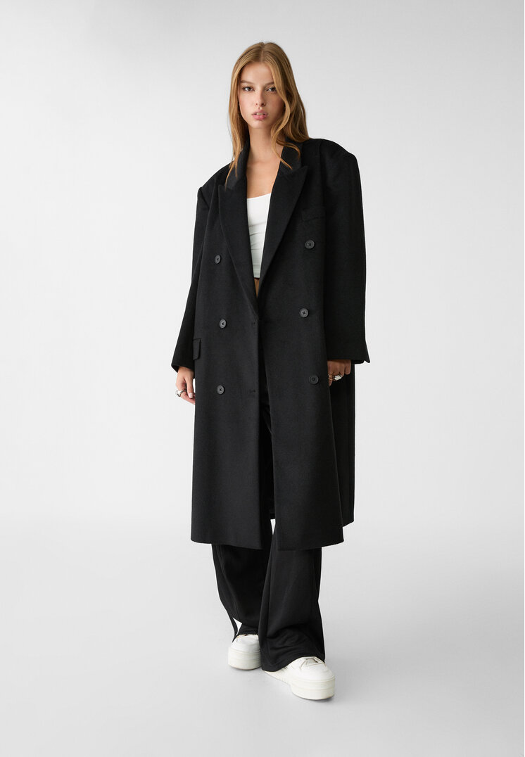 Stradivarius Palton Lung Cu Buzunare Negru M