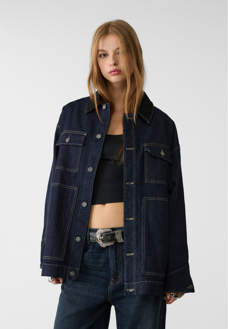 

Stradivarius Kurtka jeansowa oversize z kieszeniami Niebieski denim L