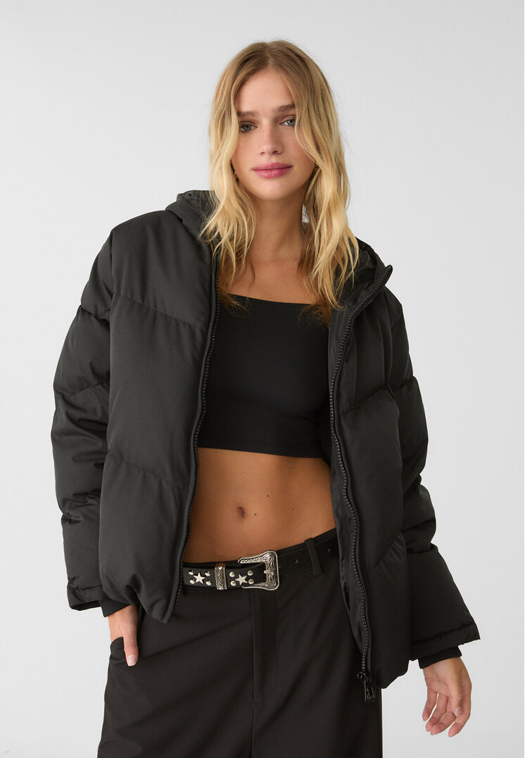 Stradivarius Geacă Oversize Matlasată Cu Glugă Negru Xs