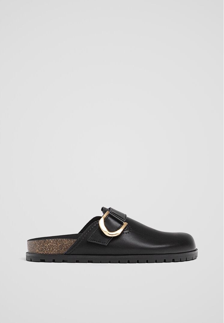 Stradivarius Saboți Din Piele Cu Catarame Negru 36
