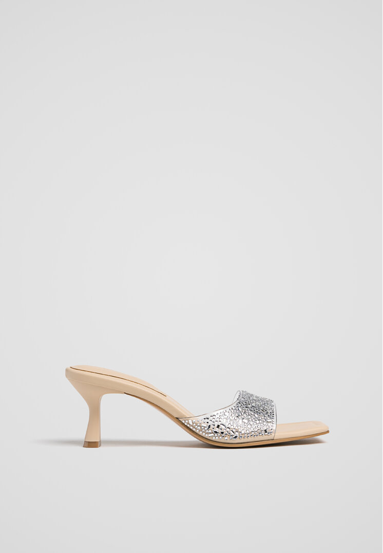 Stradivarius Bejewelled Heeled Slider Sandals  Beige 2