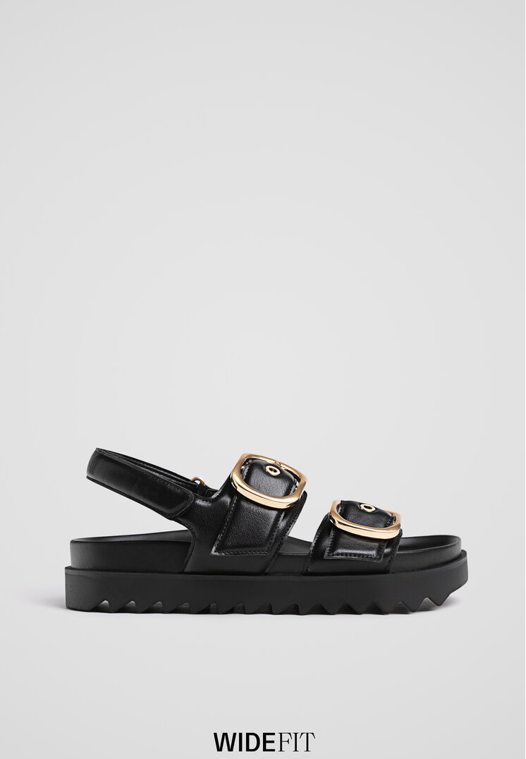 Stradivarius Wide Fit. Sandale Fără Toc Cu Catarame Negru 38