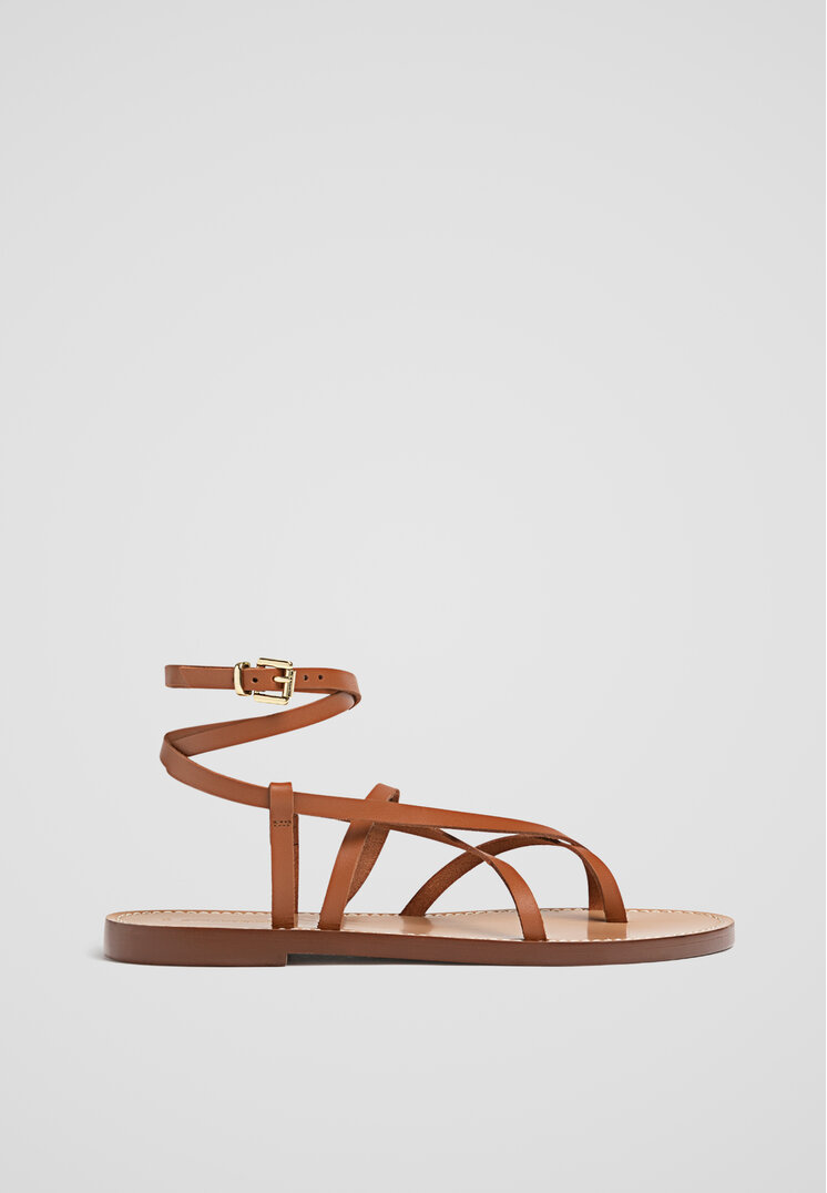 Stradivarius Sandale Fără Toc Cu Barete Din Piele Maro 37