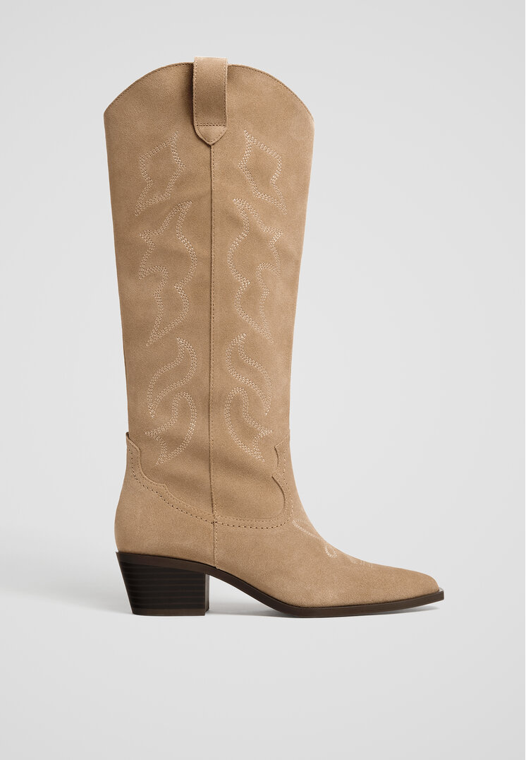 Stradivarius Cizme Cowboy Din Piele Bej Închis 35