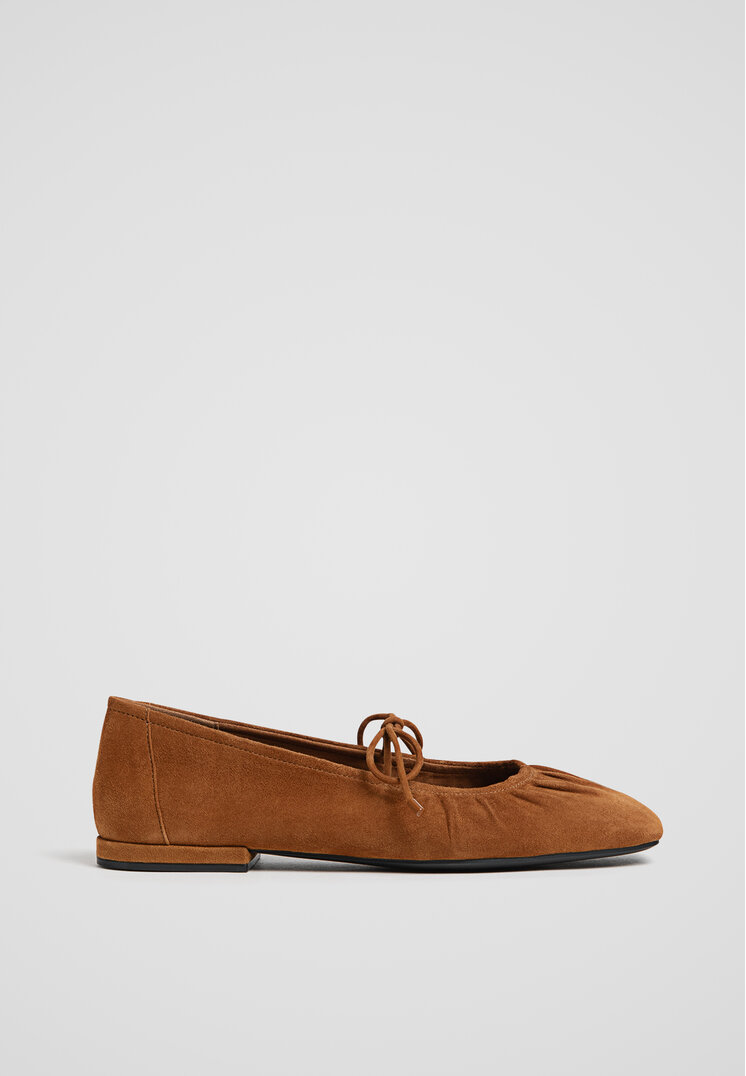 Stradivarius Balerini Din Piele Cu Pliuri Maro 36