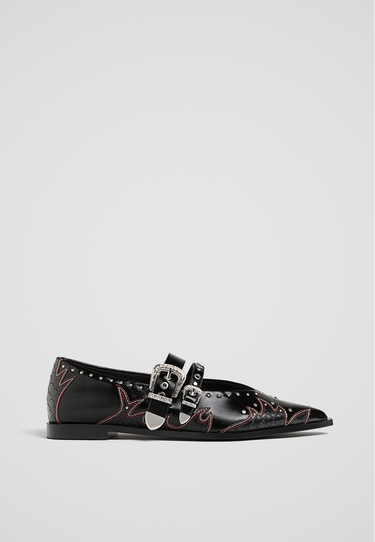 Stradivarius Balerini Cu Broderii Stil Cowboy Negru 35