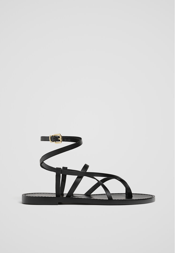 Stradivarius Sandale Fără Toc Cu Barete Din Piele Negru 35