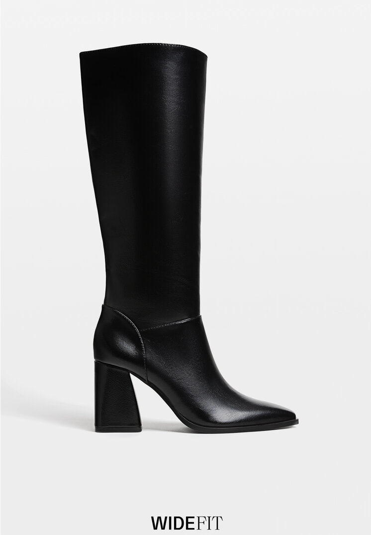 Stradivarius Wide Fit. Cizme Înalte Cu Toc Negru 37