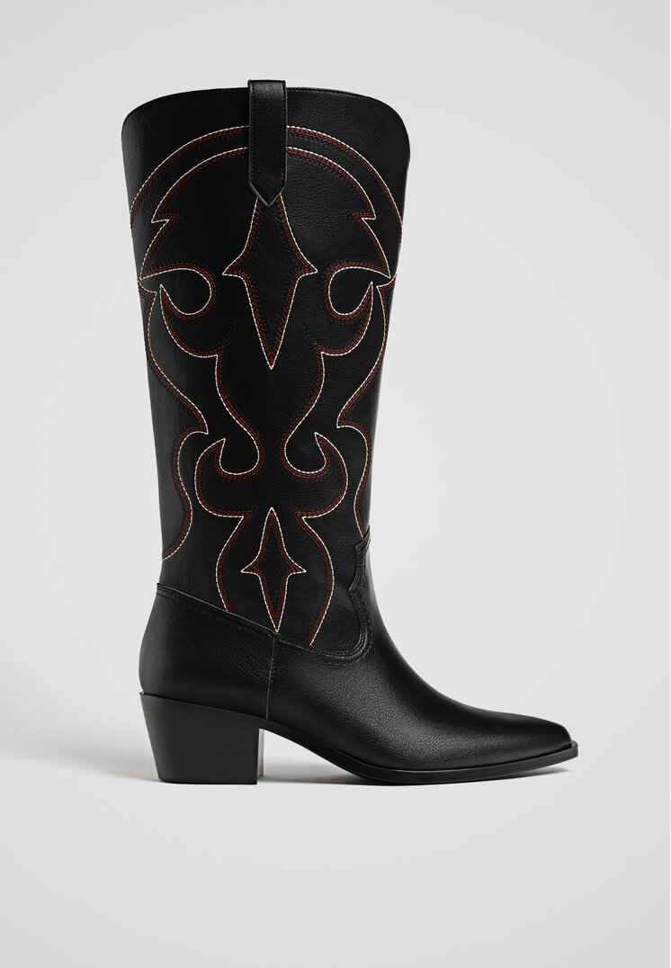 Stradivarius Cizme Cowboy Cu Toc Și Detaliu Negru 36