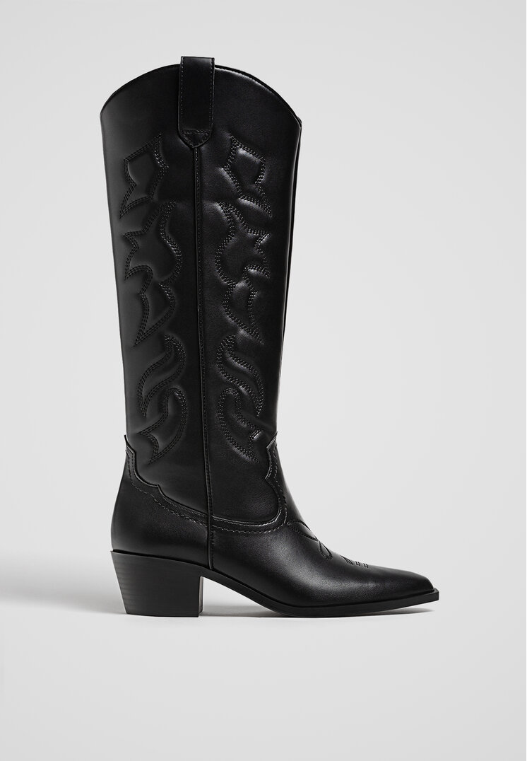 Stradivarius Cizme Cowboy Cu Carâmb Înalt Negru 35