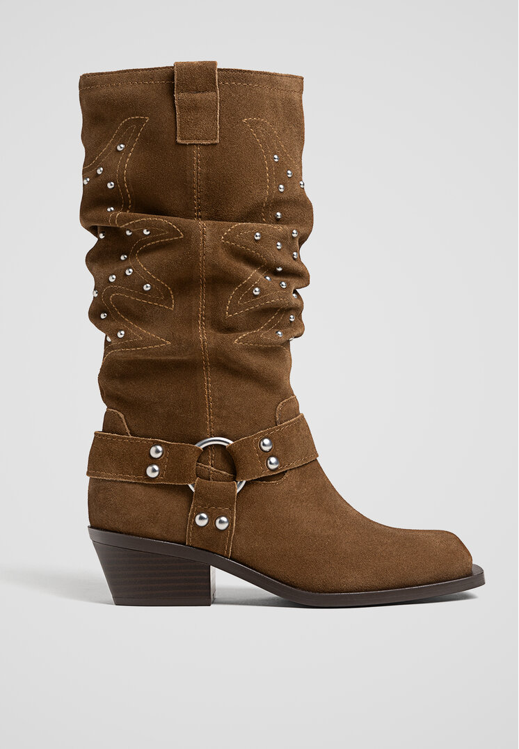 Stradivarius Cizme Cowboy Din Piele Cu Ținte Maro 39