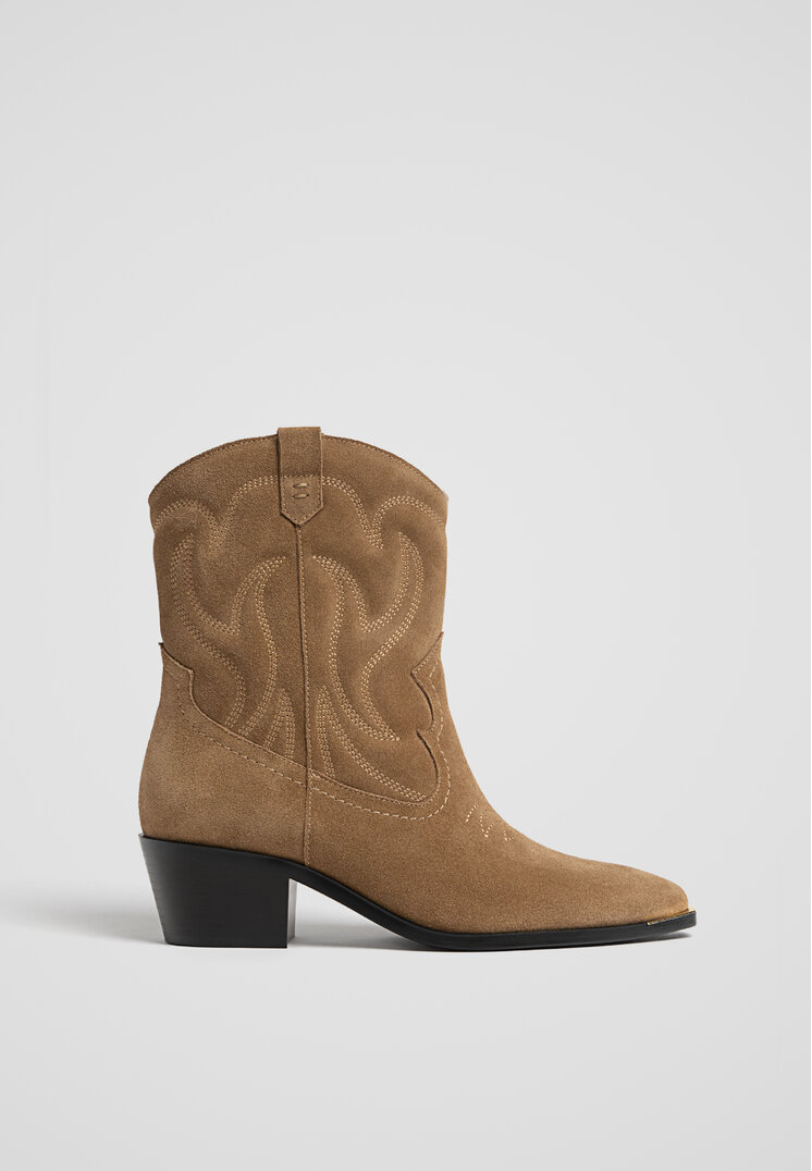 Stradivarius Botine Cowboy Cu Toc Și Broderie Bej 36