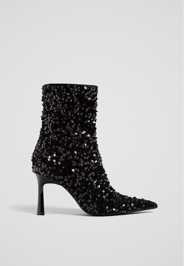 Stradivarius Botine Cu Toc Și Paiete Negru 38