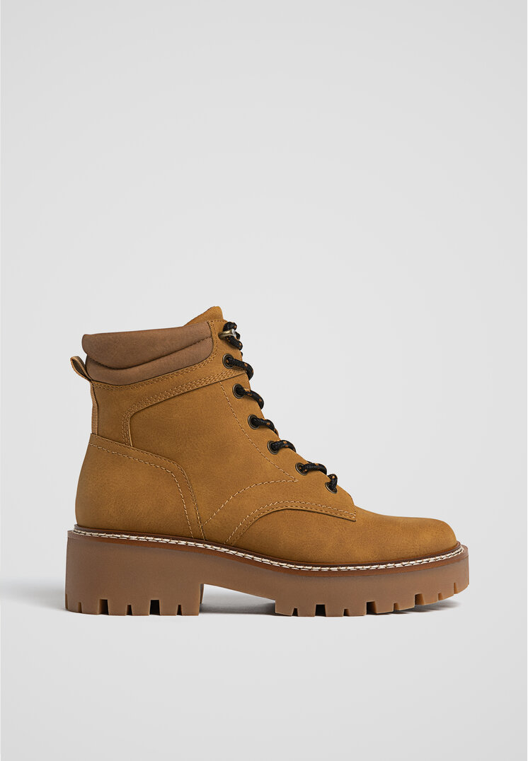 Stradivarius Botine Joase Stil Montan Cu Șireturi Bej 41