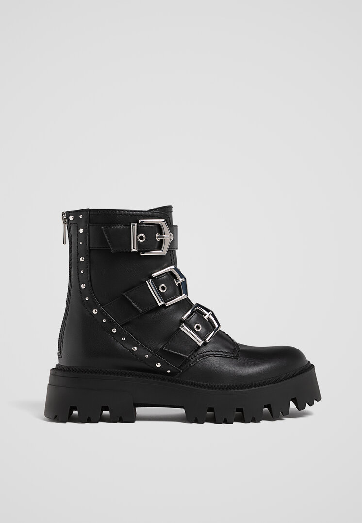 Stradivarius Botine Biker Fără Toc Cu Catarame Negru 41