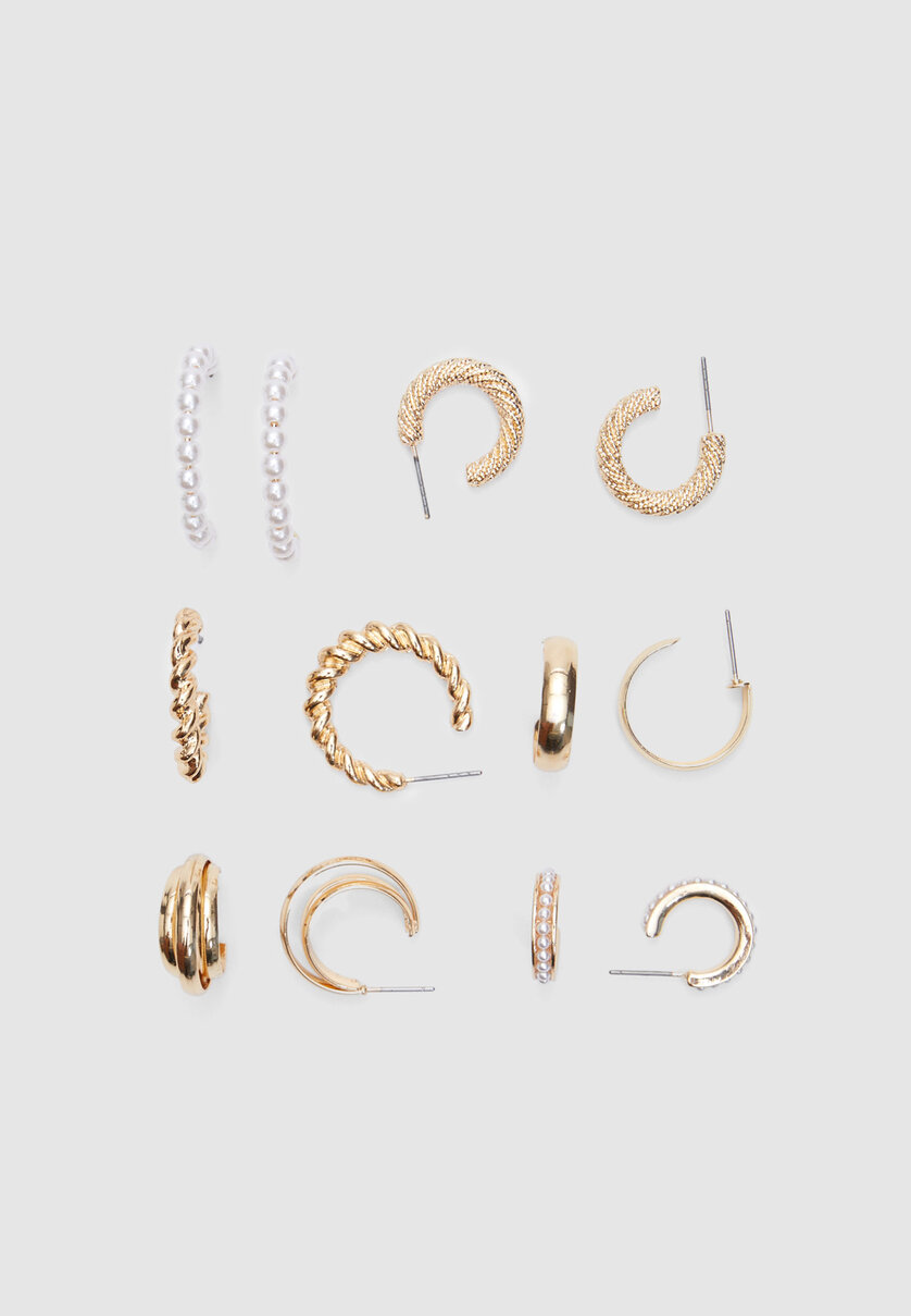 Set of 6 pairs of pearl bead hoop earrings