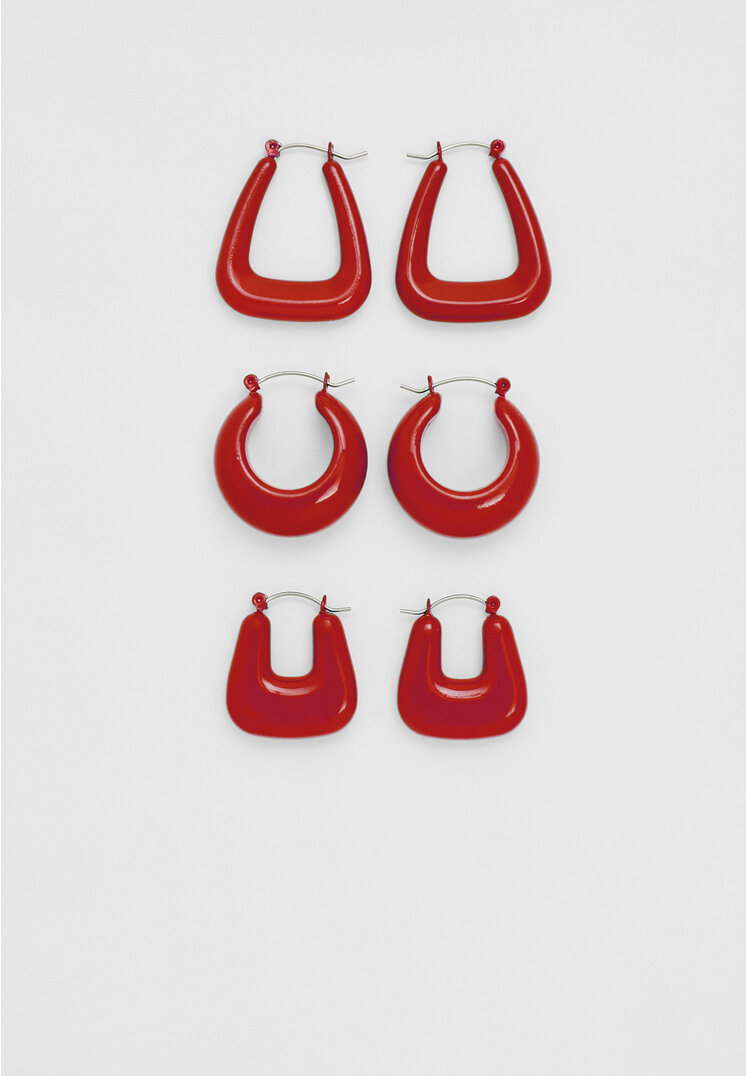 Stradivarius Set mit 3 farbigen Creolenhängern Rot OS