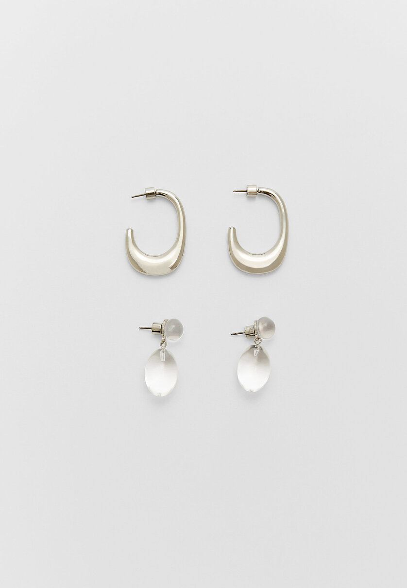 Set of 2 pairs of hoop and teardrop earrings