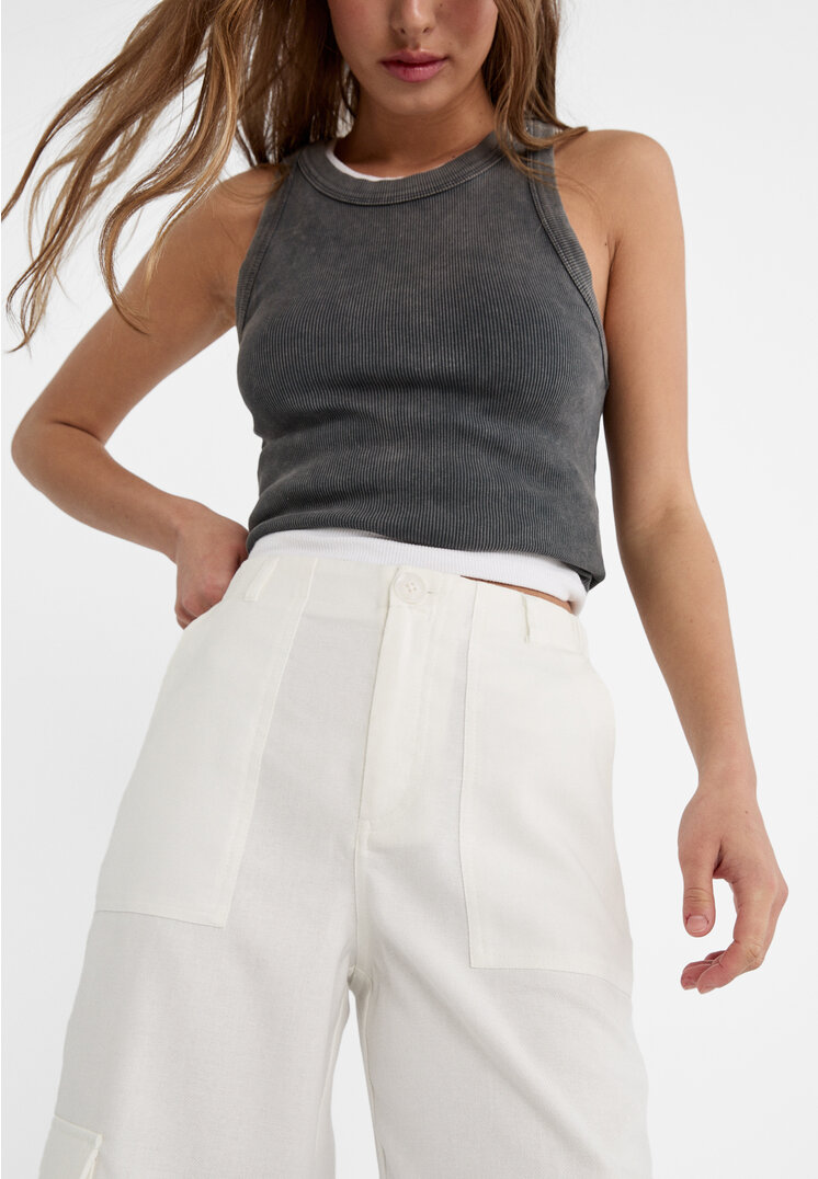Stradivarius Pantaloni morbidi cargo in misto lino  Bianco 42