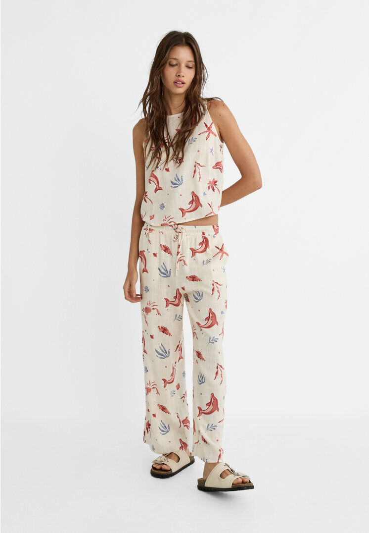 

Stradivarius Luźne spodnie culotte z mieszanki lnianej z nadrukiem Waniliowy XS