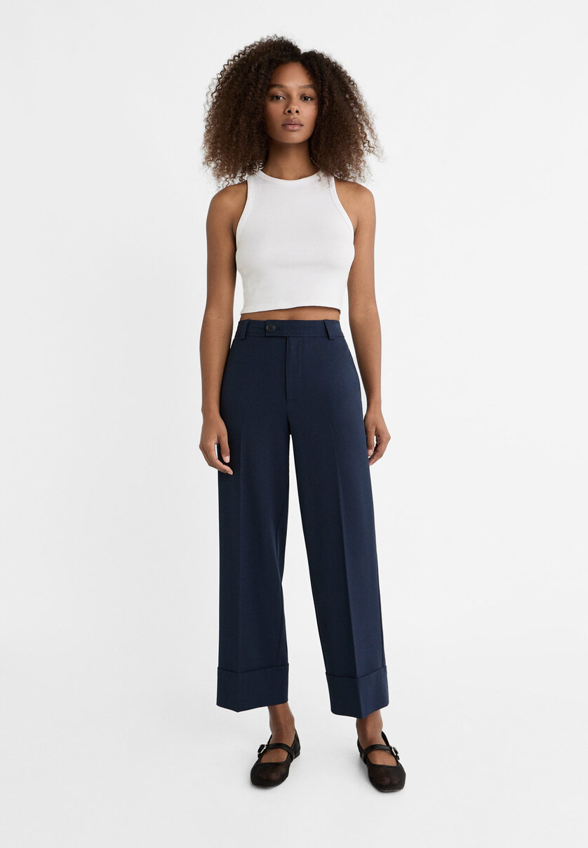 Straight fit trousers with turn up hems Women s null