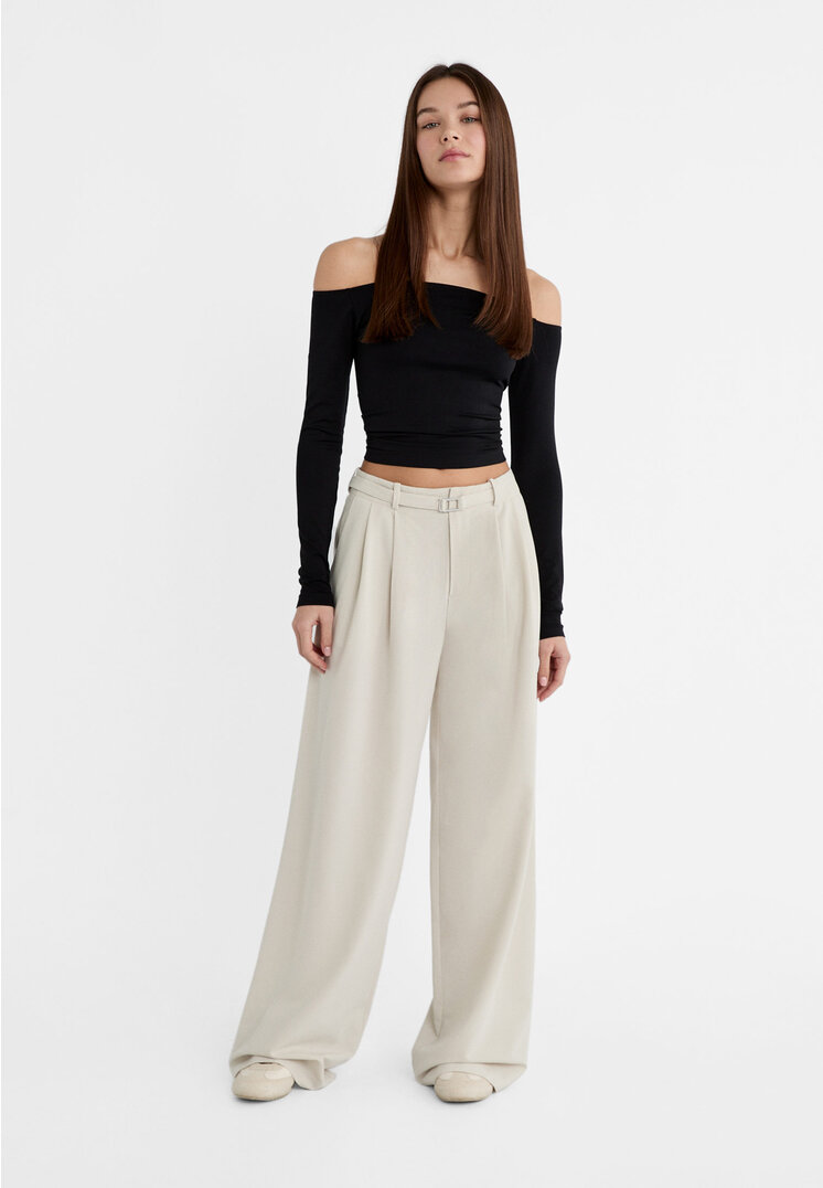 

Stradivarius Eleganckie spodnie ze sprzączką Beżowy 44