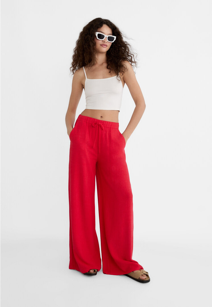 Stradivarius Wide-Leg-Hose mit Stretchbund und Leinenanteil Rot XL
