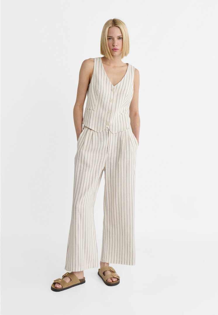 

Stradivarius Spodnie culotte z mieszanki lnu w prążki Ecru 42
