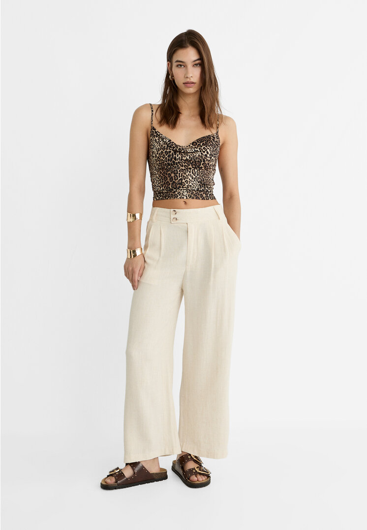 

Stradivarius Culotte-Hose mit Leinenanteil Steingrau 38