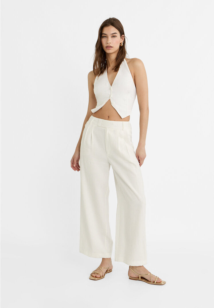 

Stradivarius Spodnie culotte z zakładkami Ecru 44