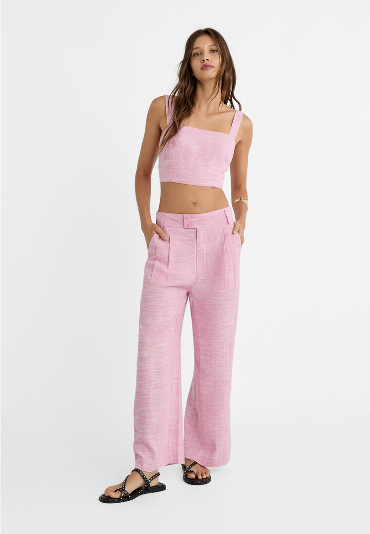 

Stradivarius Culotte-Hose mit Leinenanteil Pastellrosa 44