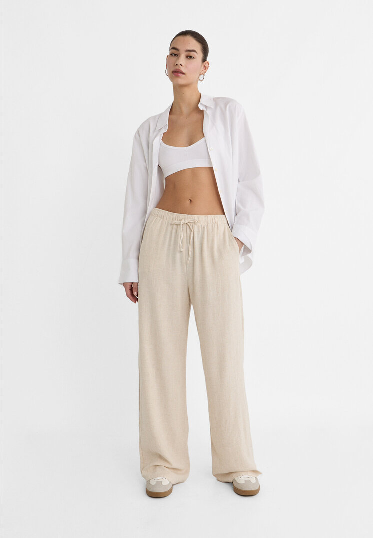 

Stradivarius Lange, fließende Hose Stil mit Leinenanteil Steingrau XL