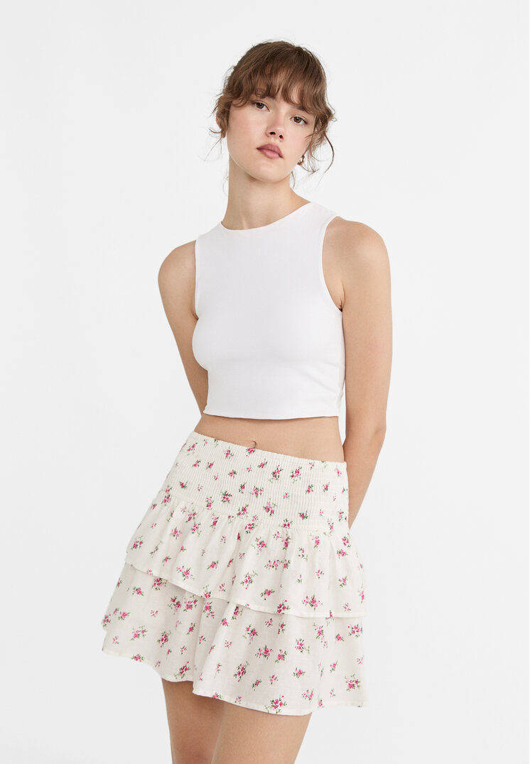 

Stradivarius Wzorzysta spódnica mini z mieszanki lnu z falbanami Ecru XL