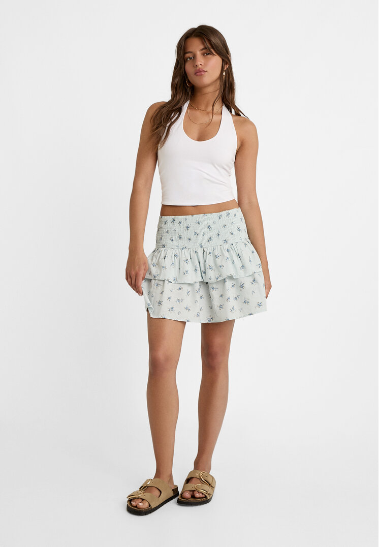 Stradivarius Printed ruffled linen blend mini skirt  Sky blue S