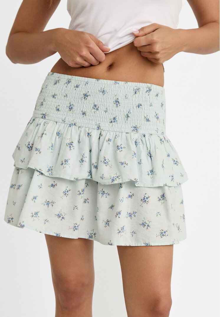 Stradivarius Printed ruffled linen blend mini skirt  Sky blue S