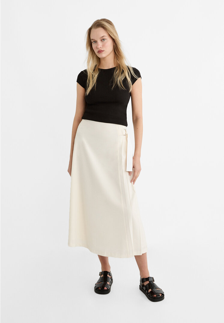 Stradivarius Midifaltenrock Schnalle Ecru XS