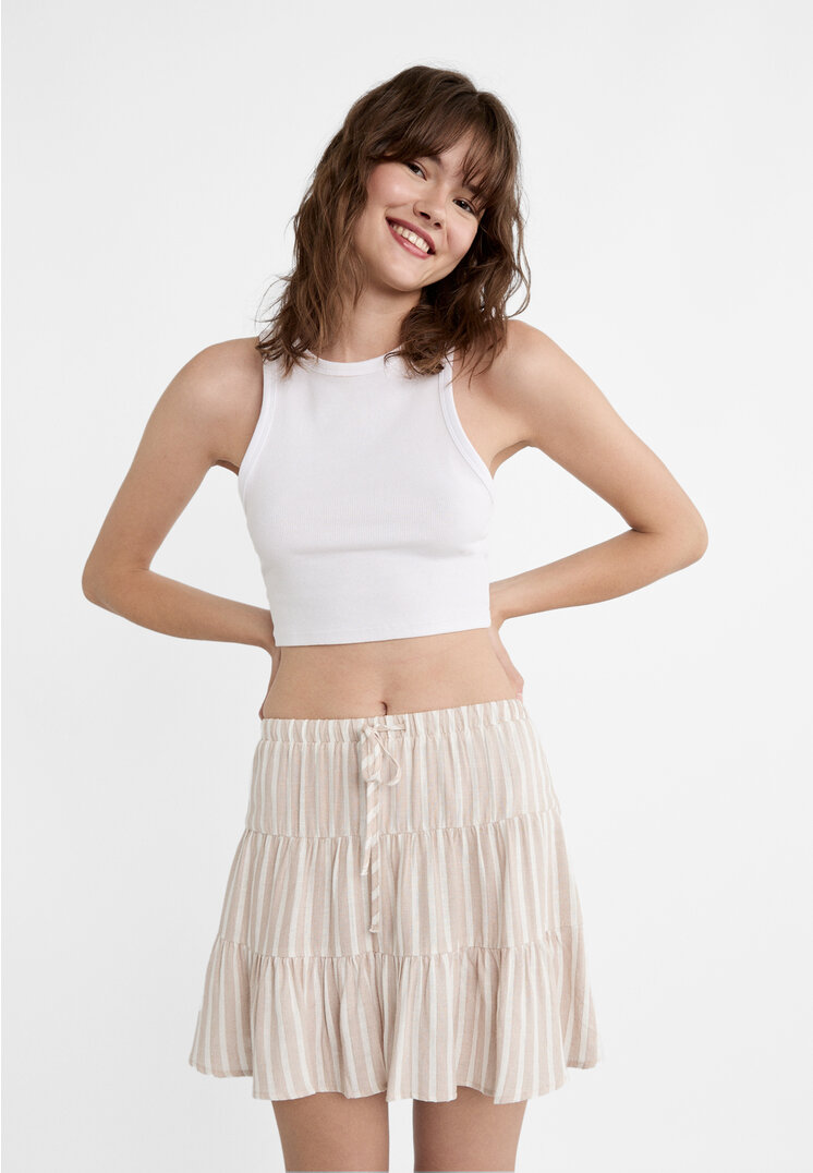 

Stradivarius Luźna spódnica mini z mieszanki lnu w paski Ecru S