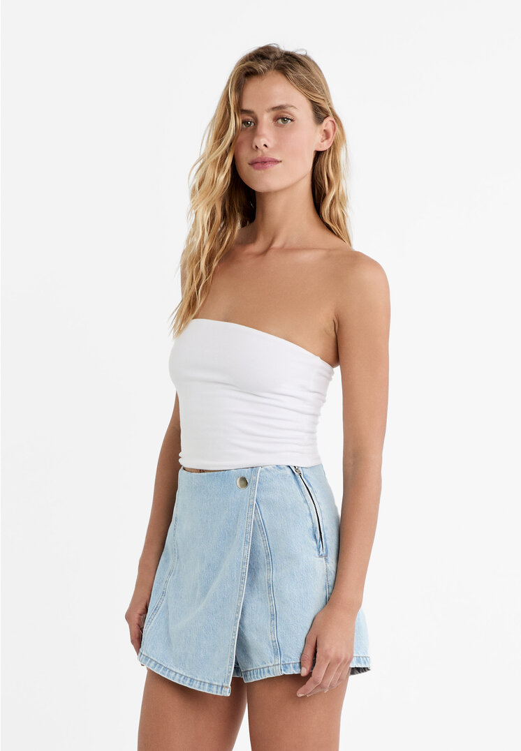 

Stradivarius Jeansowe spódnicospodenki z kopertowym przodem Denimowy średni Light Blue 34