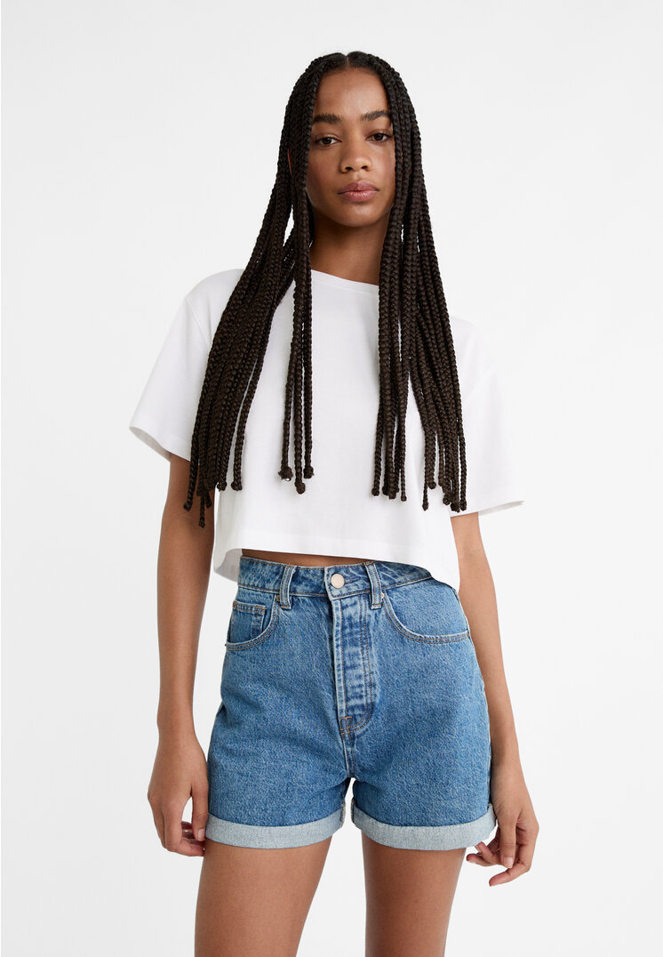 

Stradivarius D83 Spodenki mom fit Niebieski denim 32