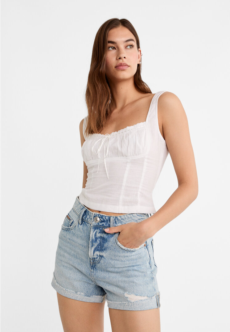 

Stradivarius D83 Spodenki mom fit Denimowy średni Light Blue 44