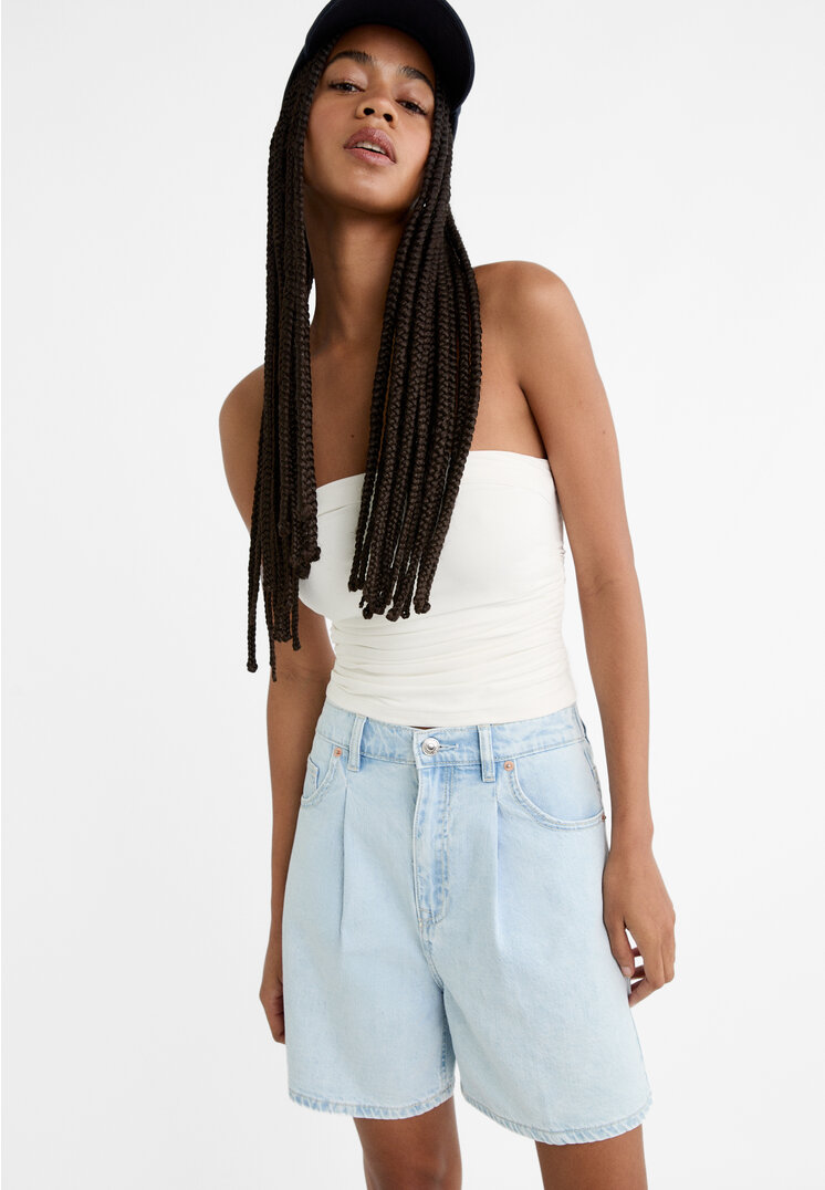 

Stradivarius Baggy-Shorts aus Jeans Denim mit Zierfalten Jeansblau 32