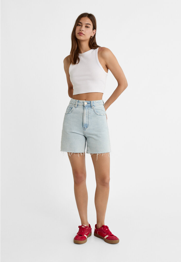 Stradivarius D93 Longline denim shorts Medium light blue Denim