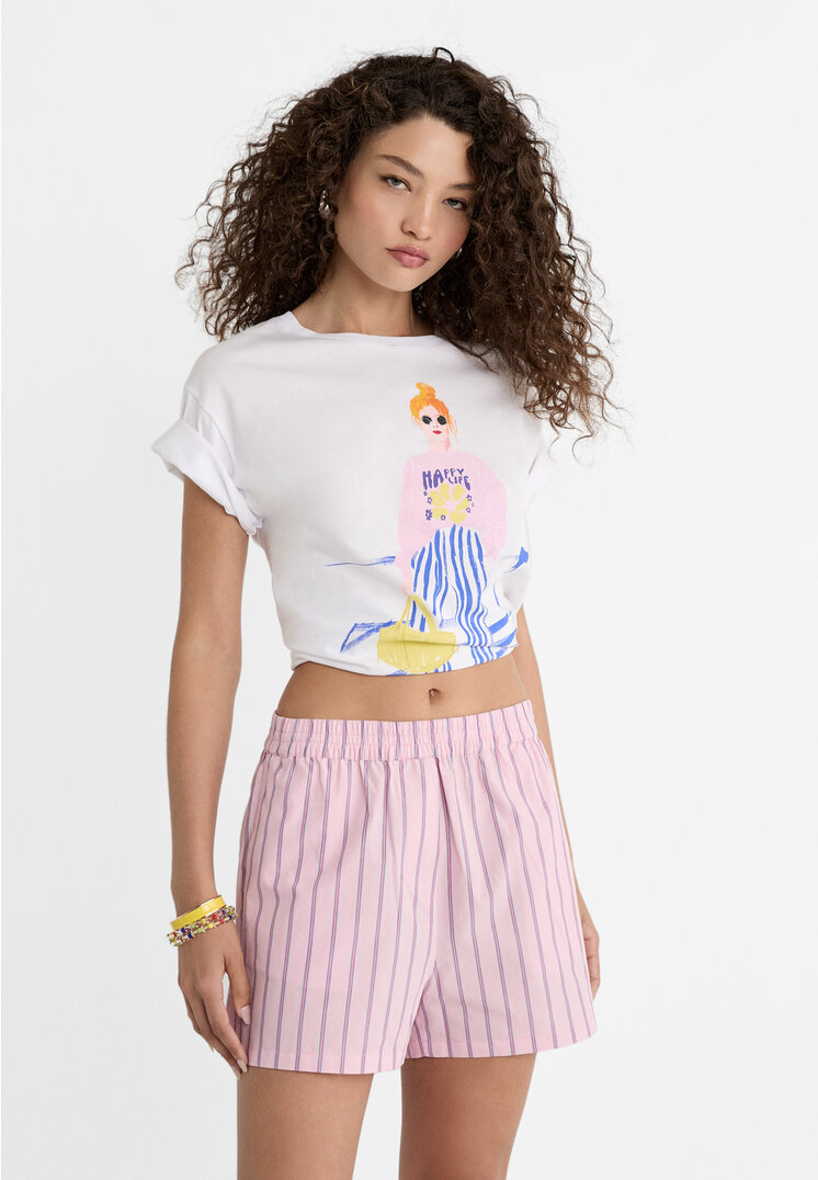 

Stradivarius Gestreifte Popelin-Shorts mit Stretchbund Pastellrosa L