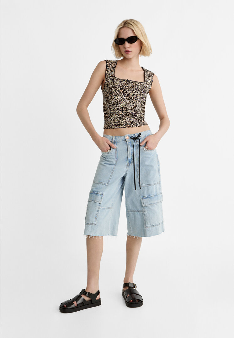 

Stradivarius Bermudy typu jortsy z wieloma kieszeniami Niebieski denim 40