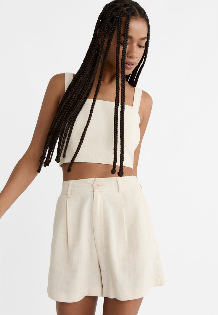 

Stradivarius Fließende Shorts mit Leinenanteil Steingrau 36