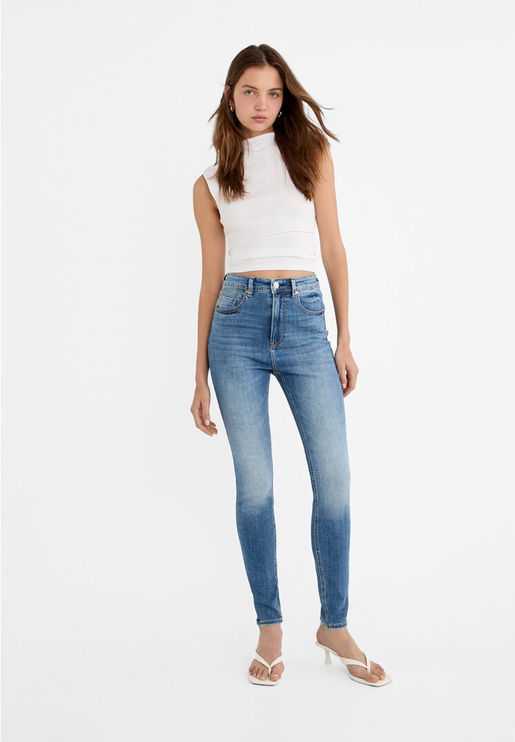 

Stradivarius 1450 Skinny-Jeans mit sehr hohem Bund Medium dark blue Denim 42